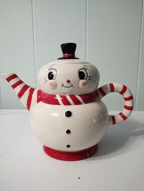 New Johanna Parker Carnival Cottage Snowman Ceramic Teapot